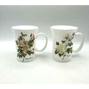 Lot of 2 Gracie Bone China White Tea Rose/ Candolle Rose Garden Floral Mug